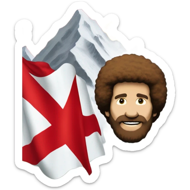 bob ross painting with a background of a hammer and sickle red flag sticker