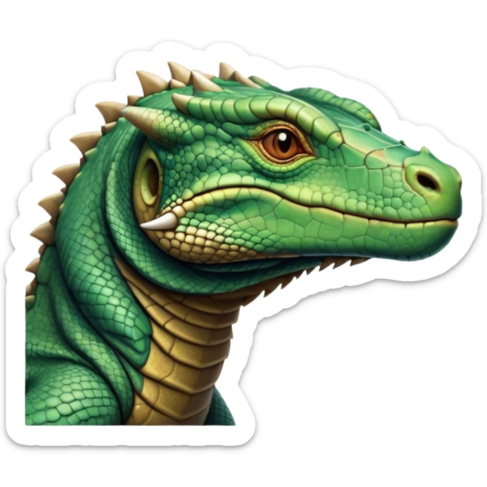 Cinematic Noble Komodo Dragon Lizard Portrait Emoji, Poised and regal, with a rugged, scaled body and powerful stance, deep-set intense eyes and textured, weathered skin, Simplified yet sharp and sophisticated features, highly detailed, glowing with a soft, ancient glow, high shine, intelligent and formidable, stylized with an air of primordial authority, focused and commanding, soft glowing outline, capturing the essence of a watchful and confident guardian that appears ready to stride out of the screen with timeless power! sticker