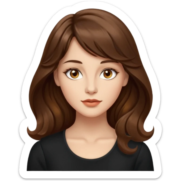 kahverengi uzun Dalgalı saçlı, hafif perçemli; kehribar gözlü, küçük kalkık burunlu ve dolgun dudaklı. Oval yüzlü, çıkık elmacık kemikli. Omuzları geniş, beli ince, kalçası dolgun.şık bir tarzda, dikkat çekici bir kadın. siyah üstü olucak. sticker