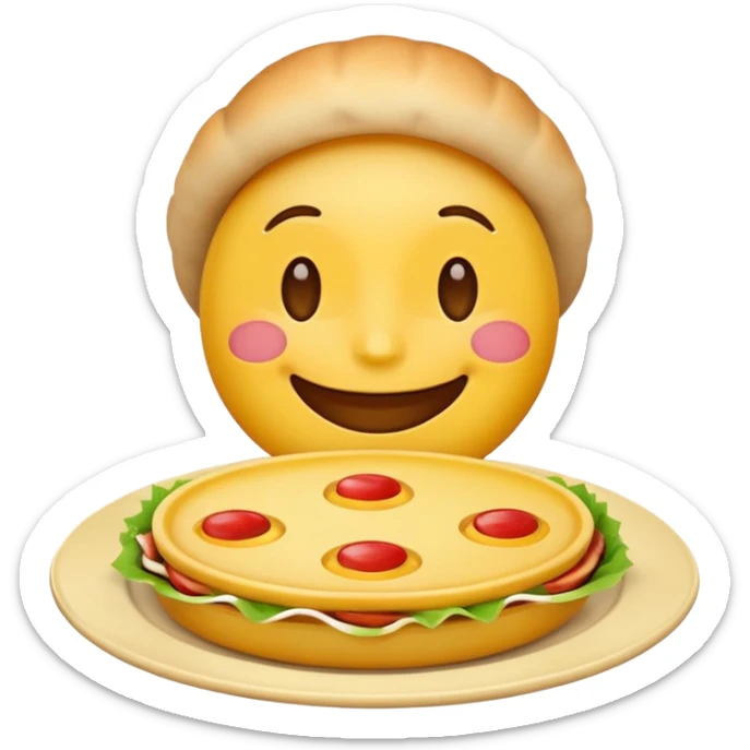 happy face emoji enjoying delicious food, with a plate of food and a big smile sticker