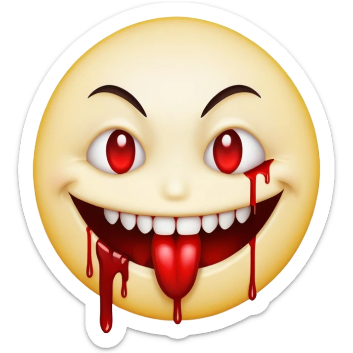 Smiley face emoji with evil grin and blood dripping from mouth and eyes sticker