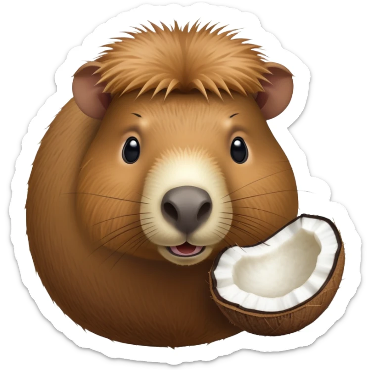 A furry capybara head attached to an oval coconut body with the coconut's natural texture sticker