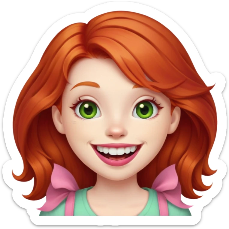 Young girl with pale skin, full pink lips smiling with big teeth, ginger red hair (not pink), big brown eyes with a hint of green, big mouth sticker