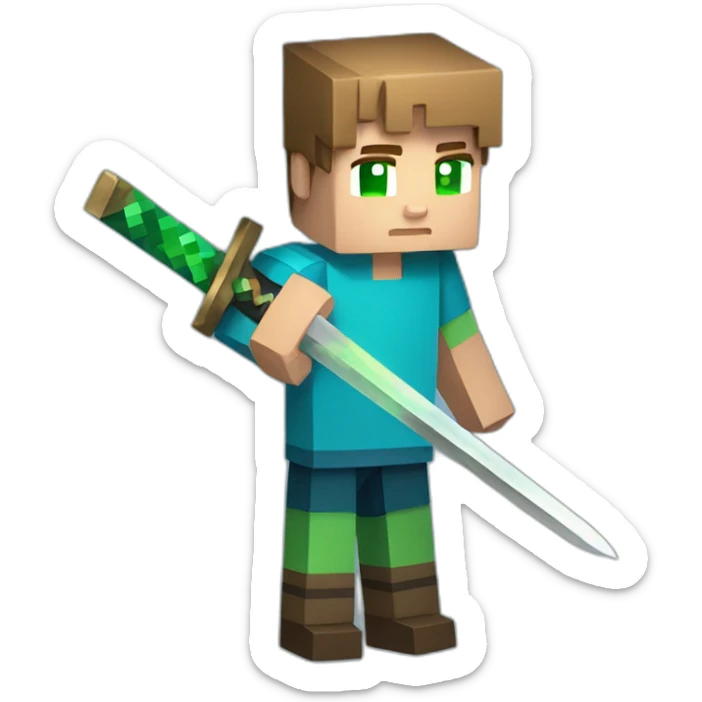 a boy with the minecraft sword in the blue sweater with light brown hair and green eyes sticker