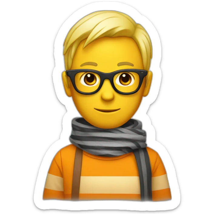 Club-Pengun-yellow penguin with black glasses dirtyblonde hair with orange tshirt and gray striped scarf sticker