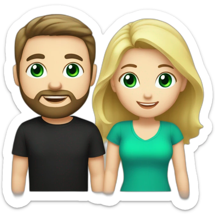 A happy couple, blond chubby girl with blue eyes and black haired and bearded man with green eyes. The man wears a black t-shirt sticker