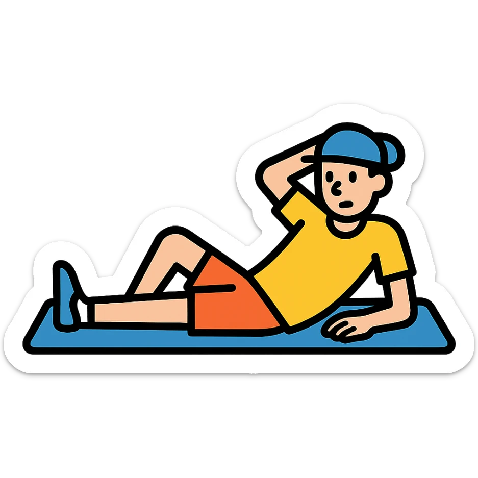 a sportsman lying on the yoga mat pretending to do streches but in fact he is not doing that
 sticker