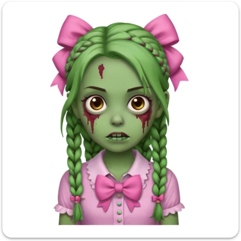 Garota zumbi com pele verde, tranças castanhas no cabelo, olhos castanhos, laço rosa na cabeça e camisa rosa sticker