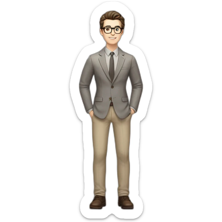 Full height Pale skinned Fit Man With dark brown hair in gray classic jacket, beige office shirt, Brown pants and vintage glasses. Thrumbs of his palms upwards sticker