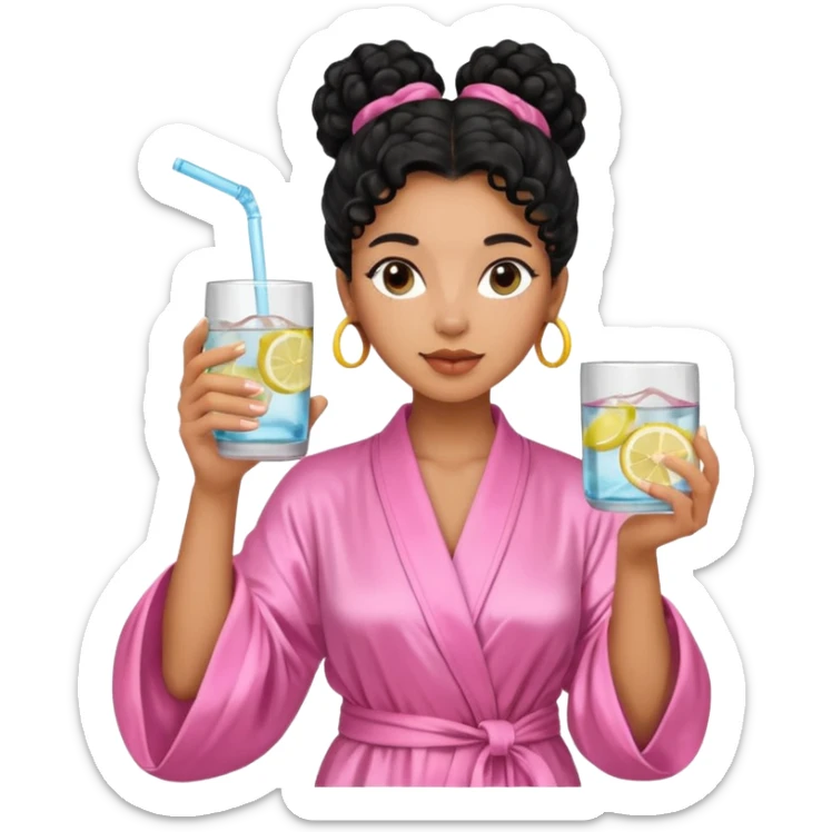 Mixed-race woman with caramel skin, long jet black curly hair tied in a bun, wearing a pastel pink silk robe, holding a glass of infused water with lemon in her right hand  sticker