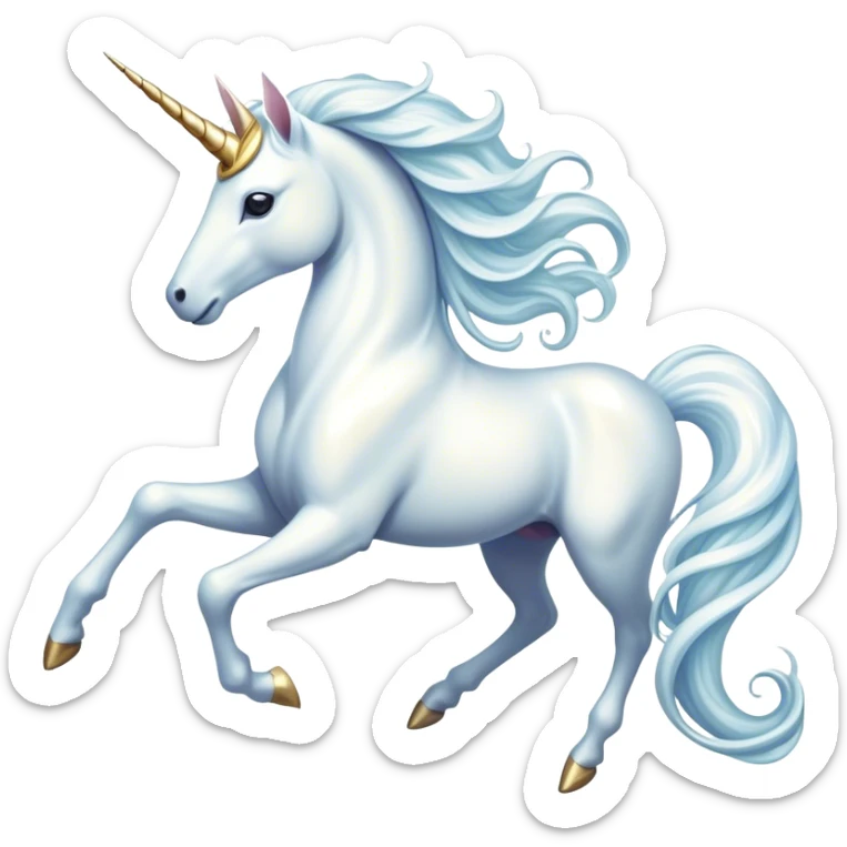 Cinematic Noble White Unicorn Portrait Emoji, Poised and regal, with a slender, ethereal form draped in a pristine white color, a flowing mane and tail, and a glistening, spiraled horn that radiates pure light, Simplified yet sharp and sophisticated features, highly detailed, glowing with a soft, iridescent luminescence, high shine, intelligent and transcendent, stylized with an air of mythical enchantment, focused and serene, soft glowing outline, capturing the essence of a watchful and confident white unicorn that appears ready to prance out of the screen with magical grace! sticker