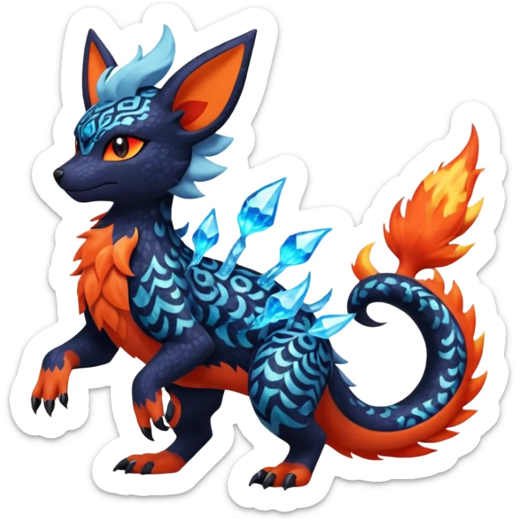 
Canine-Litten-Amaura-Salandit-Noibat-Flareon-Fakémon-fusion (full body) with intricate pattern markings sticker