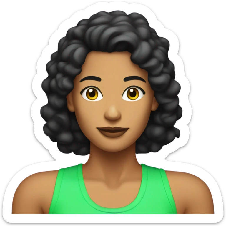 Tanned woman with black hair wearing 1980s style neon fitness outfit and hair sticker