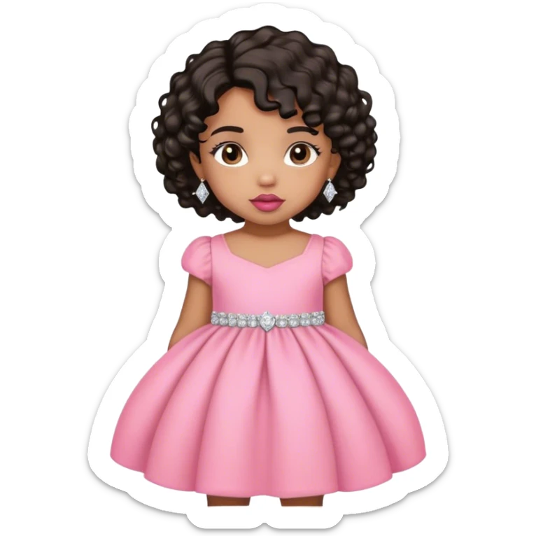light brown skin tone, very adorable toddler, with big plump lips, long long lashes, black curly bob, brown eyes, pink dress, diamond stud earrings sticker