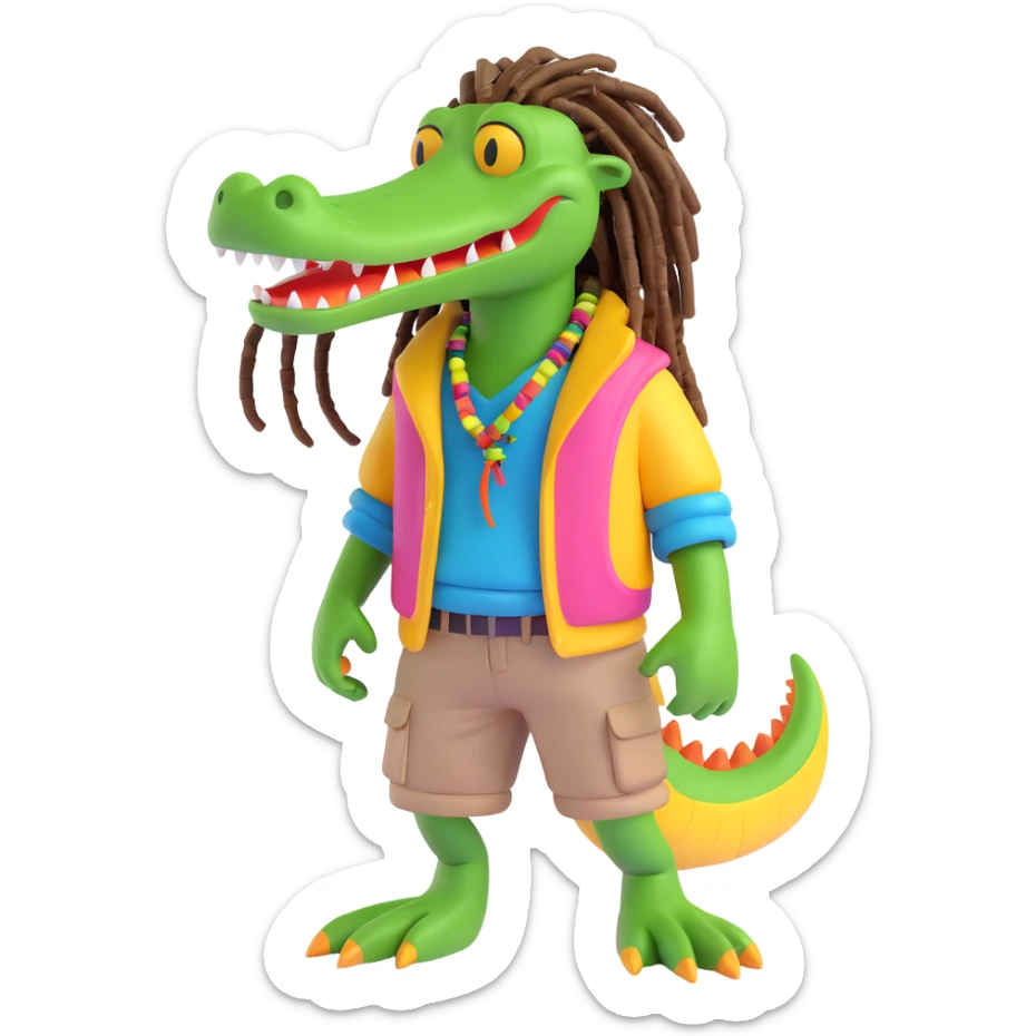 3D cartoon character of a Rasta alligator, wearing colorful clothes and with dreadlocks, vibrant and playful style sticker