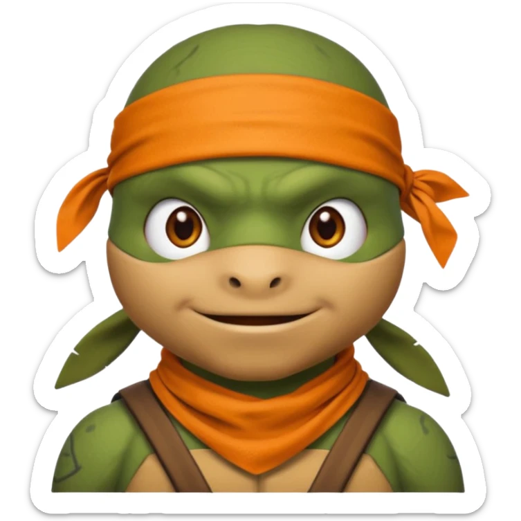 Donatello from Teenage Mutant Ninja Turtles, emoji style, head only, cute minimalistic style, with an orange bandana sticker