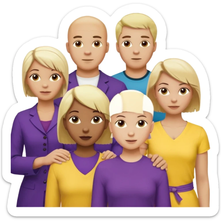 5 person team; 2 men and 3 women.  All dressed in yellow or purple.  1 caucasian woman with blonde mid length hair. 1 caucasian woman with blonde short length hair. 1 caucasian woman has ash blonde hair tied up. 1 man is African-american and bald, 1 man is caucasian and very little hair left.  
 sticker