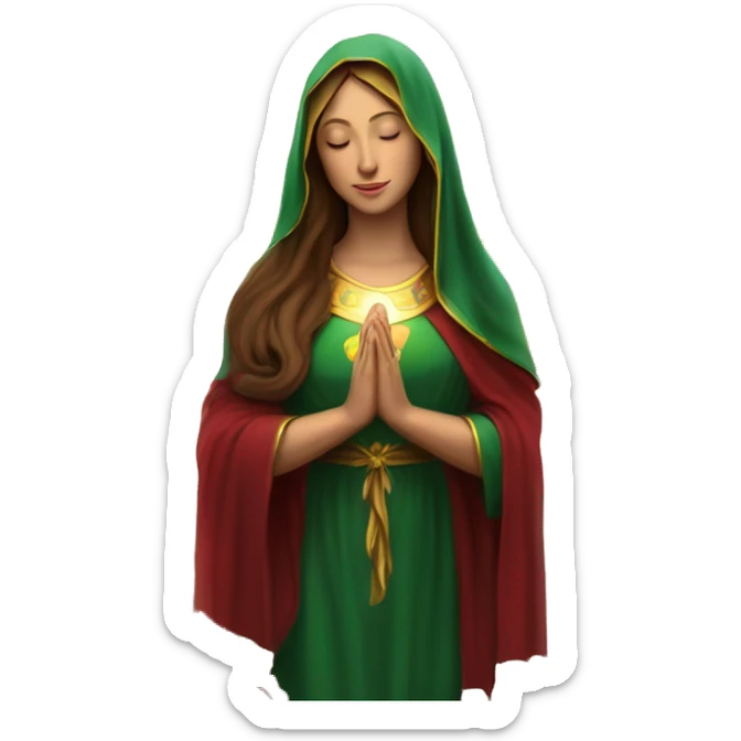Virgin Mary: kind face looking down at the left, long brown hair, Wearing an emerald green  robe with gold stars and a burgundy red dress,  Hands in prayer or blessing. Halo around her head. standing in front of a big sun. colorful roses on the sides  sticker