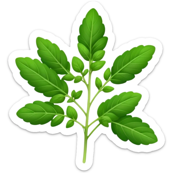 Cinematic Realistic Oregano Emoji, Bold and aromatic, with dark green leaves that radiate flavor and warmth. The plant’s rounded leaves create a lush, hearty growth, while the distinct scent invites comfort and coziness. Soft glowing outline, capturing the essence of bold flavor and herbal richness in a sprig of oregano! sticker