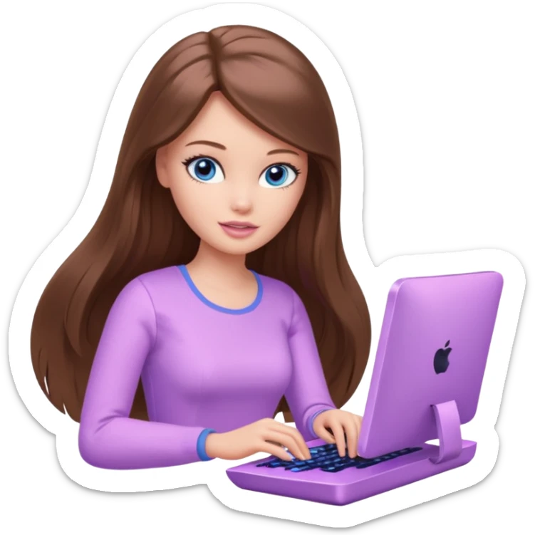 beautiful barbie girl with long brown hair, blue eyes and wearing light purple clothes playing computer games sticker