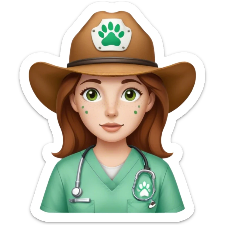 Pale Woman with brown hair and green eyes and freckles on her cheek bones wearing scrubs that have a paw print logo on the scrubs  and a cow girl hat sticker