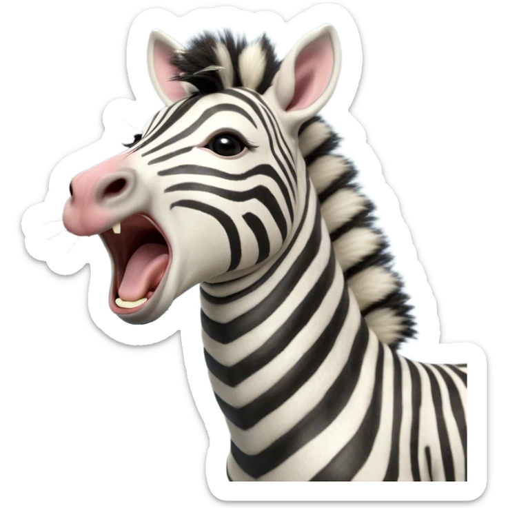 Cinematic Cute Yawning Zebra Portrait Emoji, Head tilted slightly with a dramatic, wide-open yawn, showcasing a soft, downy striped fur with gently drooping ears, a long, elegant equine snout, and round eyes barely open in drowsy contentment, Simplified yet irresistibly adorable features, highly detailed, glowing with a soft, cozy glow, high shine, relaxed yet expressive, stylized with a touch of savannah charm, bright and endearing, soft glowing outline, capturing the essence of a sleepy yet affectionate zebra that feels like it could stretch out of the screen and curl up for a nap! sticker