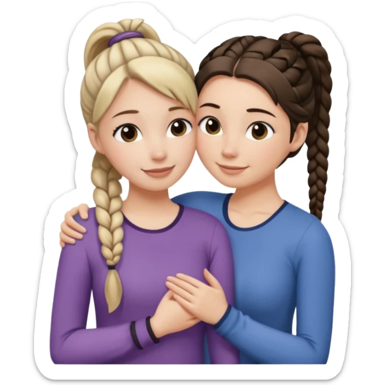 Comforting Hug two white skin women, one shorter woman with medium brown simple top ponytail, not braided, and one taller woman with a single long black side braid sticker