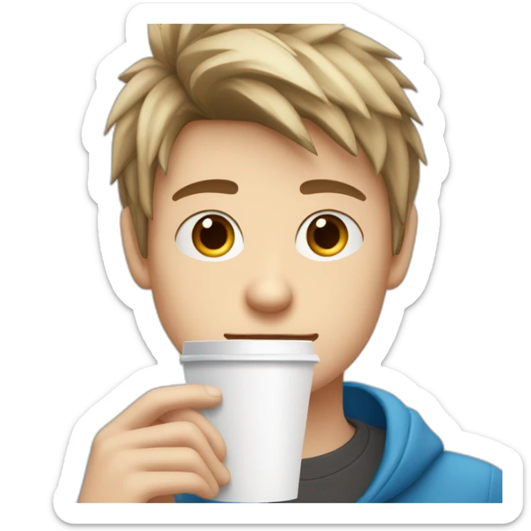 white blue eyed teen boy with dark blonde spiky hair stands with a disposable white cup of coffee in his hands sticker