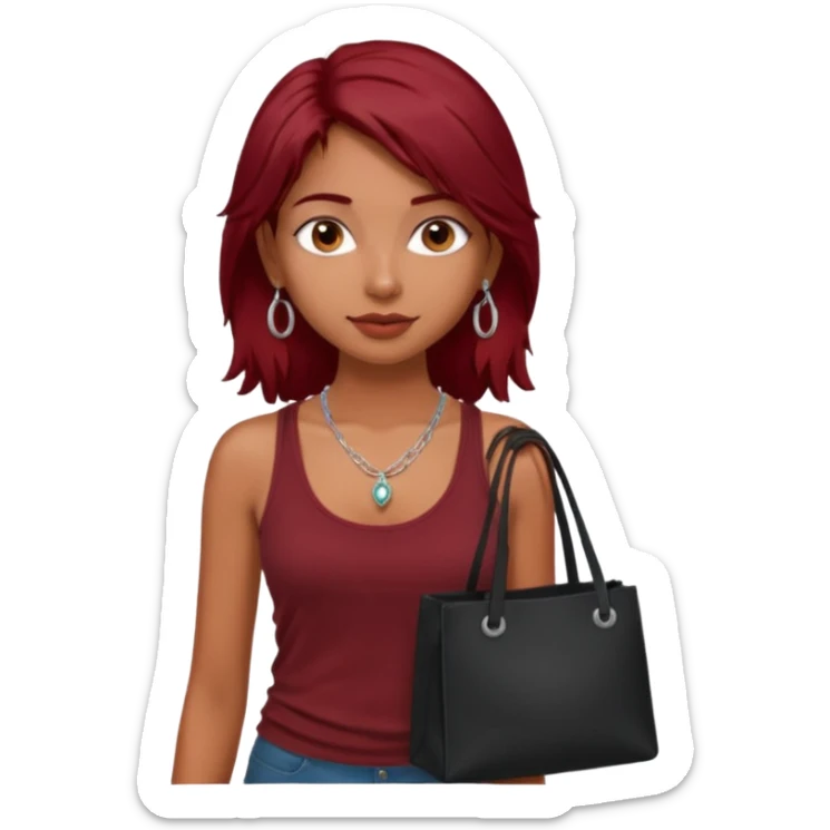 a pretty tan indian bratz girl with messy dark red hair, wearing a dark red tank top, layered silver necklaces. Carrying a black tote bag sticker