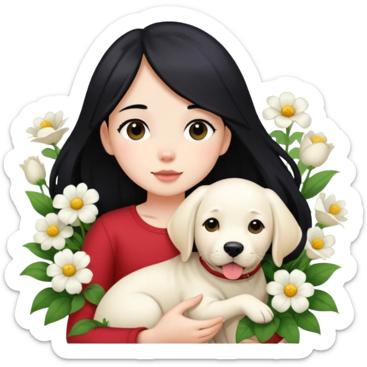 A girl with long black hair is holding a white Labrador in the flowers sticker