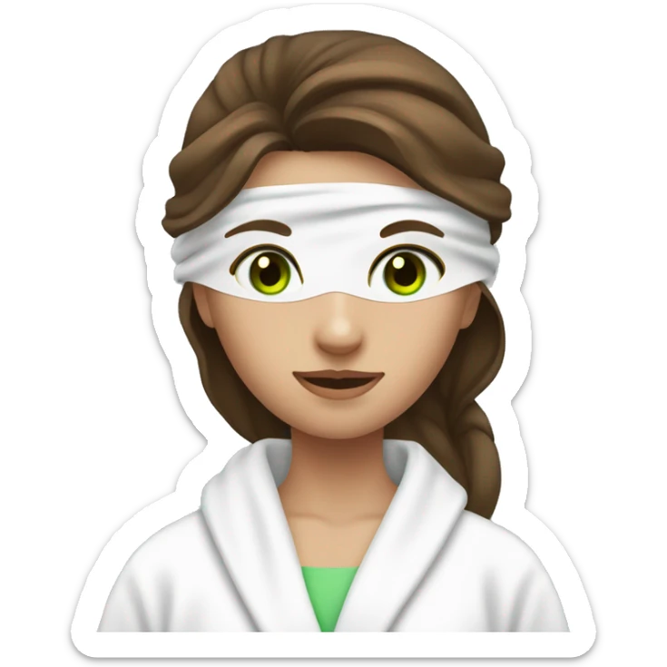 A girl with brown hair and green eyes wearing a mask on her face, a white towel on her head and a white bathrobe sticker