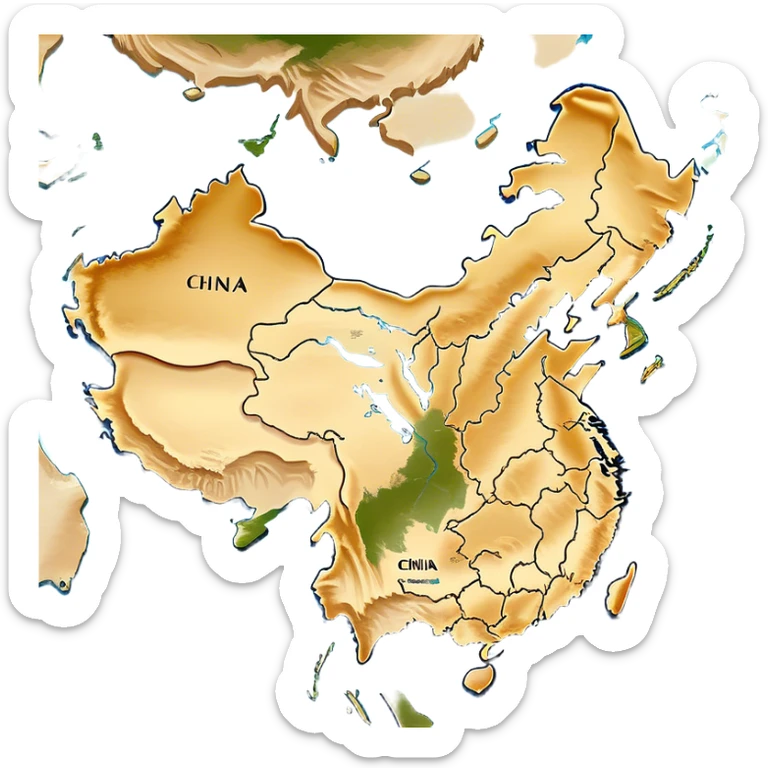 Cinematic-realistic outline of china, featuring its distinct landmass with accurately defined coastlines. The deep blue ocean surrounds the golden-brown continent, with subtle topographic shading to highlight its terrain. A soft glowing effect enhances the edges, making the shape stand out against a neutral, textured background. sticker
