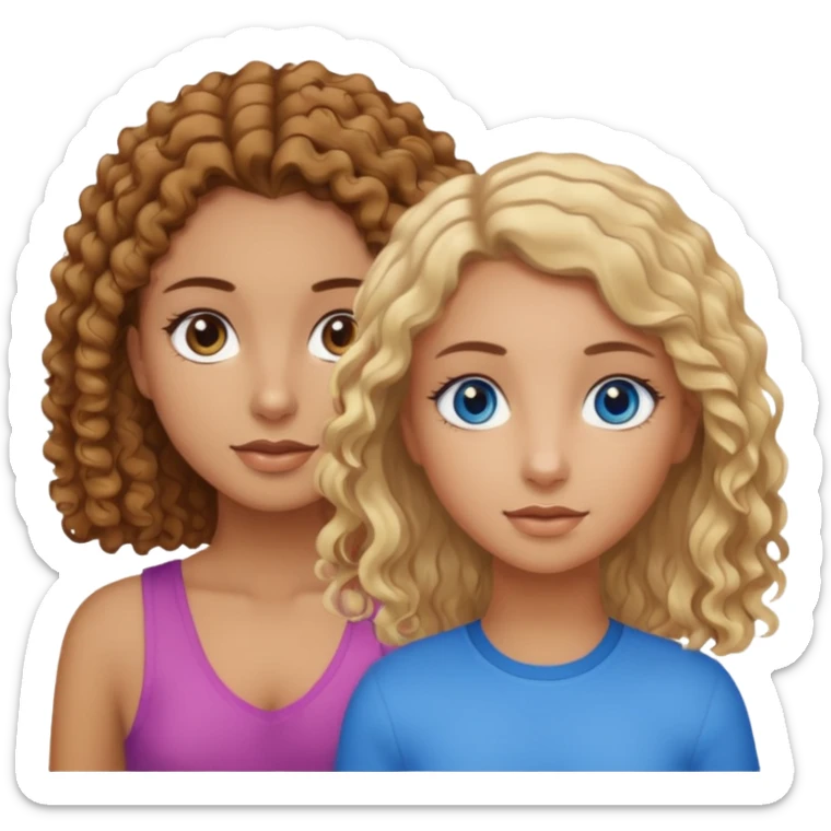 Tan girl with brown curly hair and brown eyes next to a tan girl with straight blonde hair and blue eyes sticker