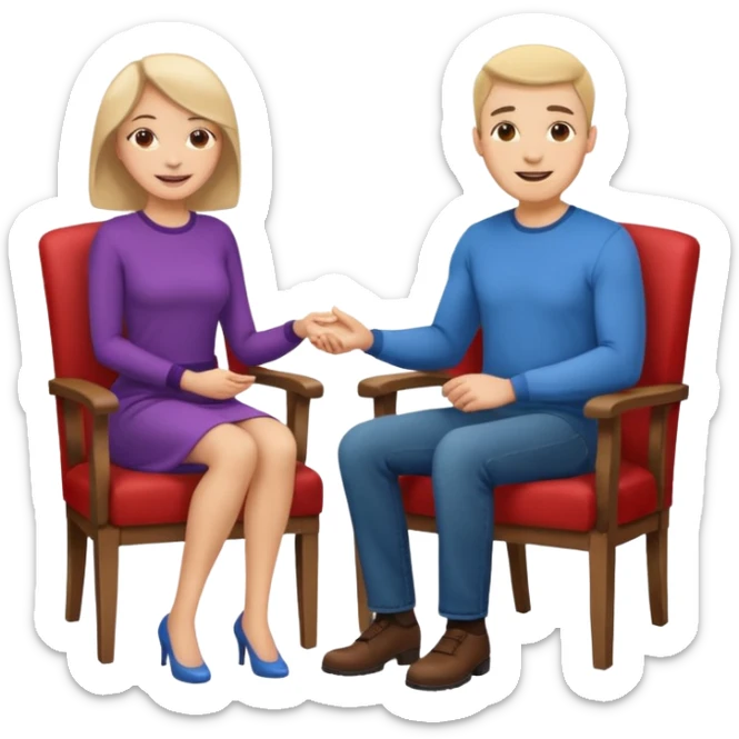 One man and one woman sitting face to face on the same chair sticker