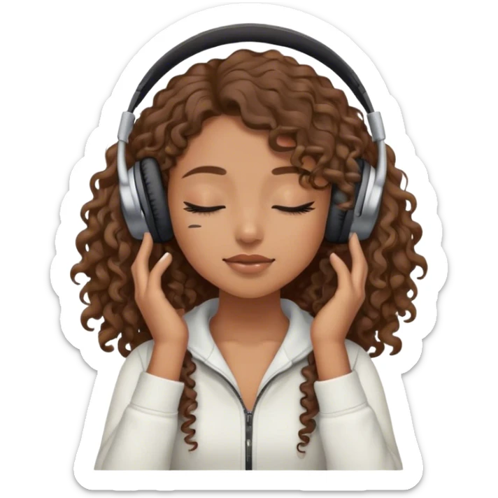Light brown skin girl, long curly brown flat hair, eyes closed, headphones on listing to music sticker