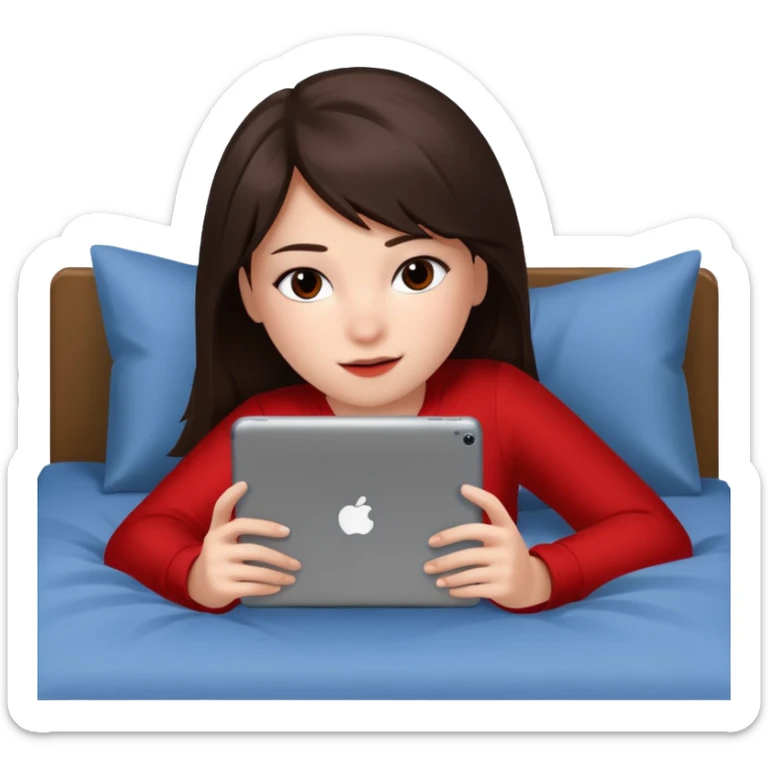 A teen brunette with a red peekaboo Laying in bed on her iPad playing Roblox  sticker