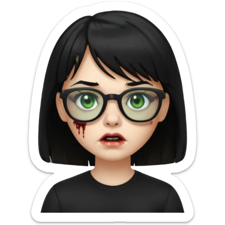 A zombie girl in Apple Memoji format with straight black hair with bangs, wearing a black shirt and black glasses sticker