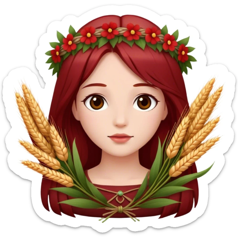 In Greek mythology, Persephone is often depicted as a young goddess with fair skin and dark red, straight hair. She is typically shown wearing a wreath of flowers and holding symbols like sheaves of grain or a flaming torch.  sticker