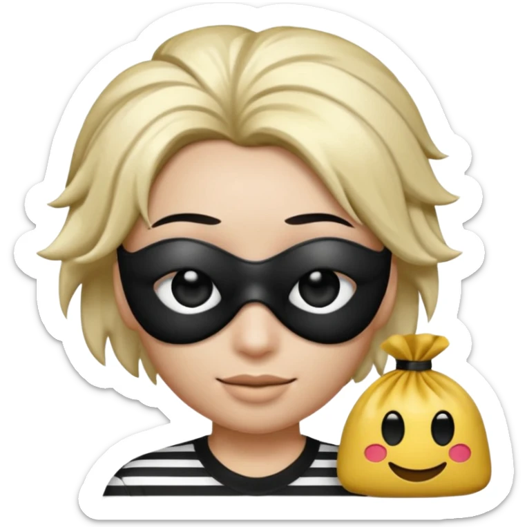 Realistic ios emoji-style portrait of a classic burglar, a black eye mask and a black-and-white striped shirt. Highly detailed, natural skin texture, realistic shadows, smooth gradients, glossy reflections in the eyes. emoji-like hair, black hat, an emoji bag of money in a right corner  sticker