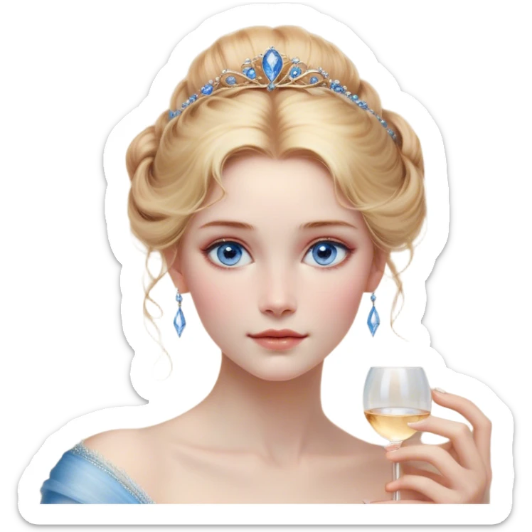 Cinematic Realistic Cinderella Portrait, depicted with lifelike skin texture, subtle rosy undertones, and soft natural lighting that enhances the gentle contours of her face. Her intricately detailed golden blonde hair is elegantly styled in an updo, with delicate wisps framing her face. Her deep, expressive blue eyes radiate warmth and sincerity, reflecting a quiet resilience and grace. She holds a glass slipper gently in one hand, her other hand resting gracefully at her side, emphasizing the timeless beauty of the moment. She is dressed in her iconic ball gown, the fabric shimmering with intricate embroidery and fine translucent layers that catch the light beautifully. The soft sheen of satin gloves adds a magical touch to her graceful pose. The portrait features an enchanting glow with a natural, luminous finish, seamlessly blending realism and fairytale charm to evoke a sense of depth, elegance, and timeless beauty. sticker