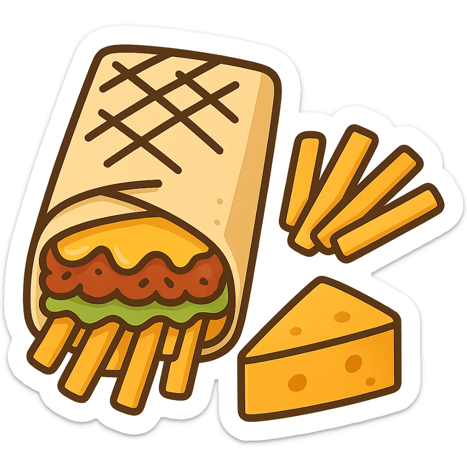 flat toon style French tacos, grilled wrap with fillings, cheese, and fries sticker