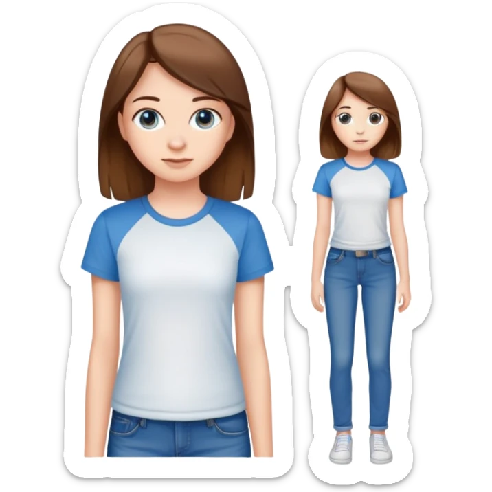 A 15 year old cute white girl wearing blue jeans with straight brown hair and a white t shirt sticker