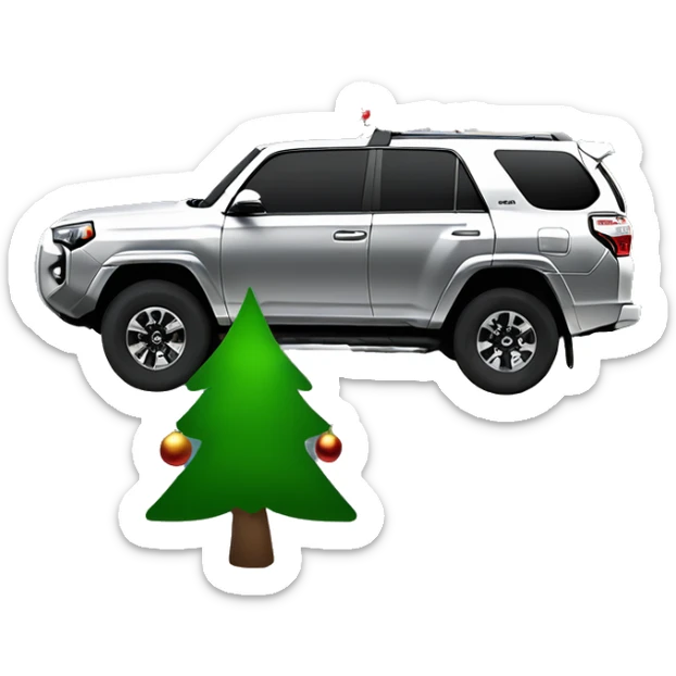 A silver Toyota 4Runner with a christmas tree on the roof. The stump of the christmas tree is facing the front of the 4Runner, with the top of the tree hanging off of the back. sticker