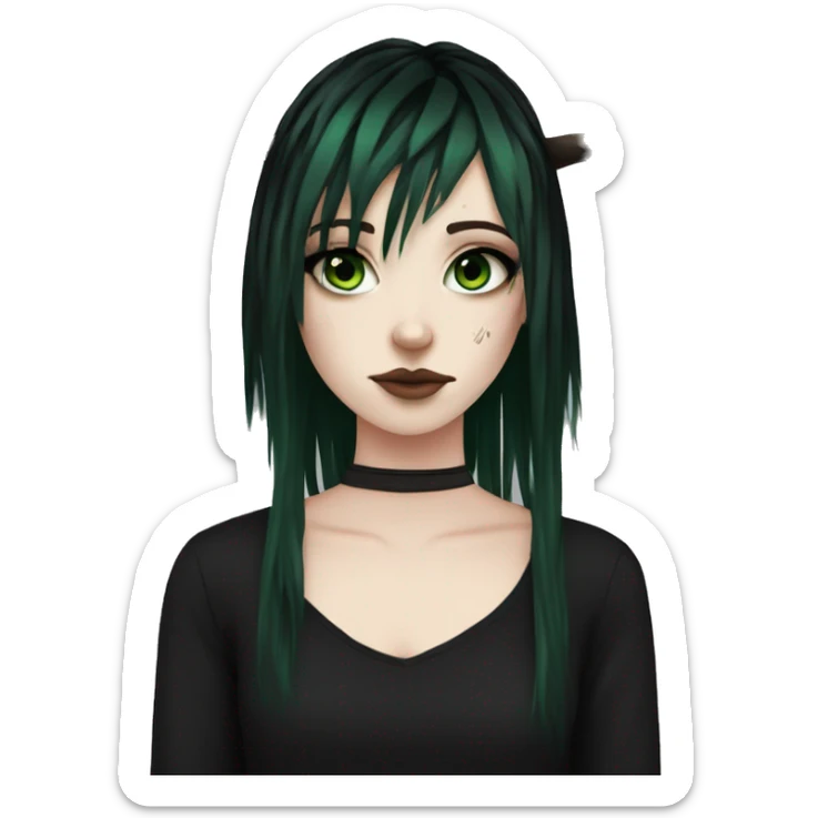 Emo girl, pale skin, green eyes, black dreads, bangs, black clothes, eyeliner, deer antlers  sticker