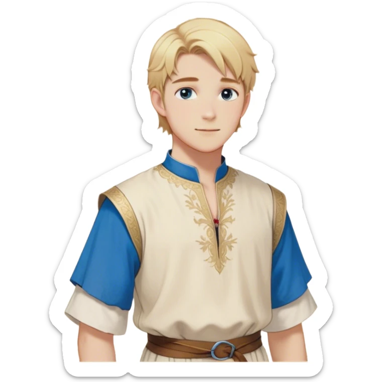 Medieval summer outfit worn by a DnD themed fantasy male character. Light cotton tunic in natural cream color with short sleeves, embroidered with simple floral patterns at the hem, paired with a thin leather belt. Clothes only above the waist, full waist coverage. The character has no arms. Character is white-skinned with golden blonde hair styled in a classic page-cut that falls just above the ears, slightly longer in the back, bright blue eyes, and youthful features. sticker
