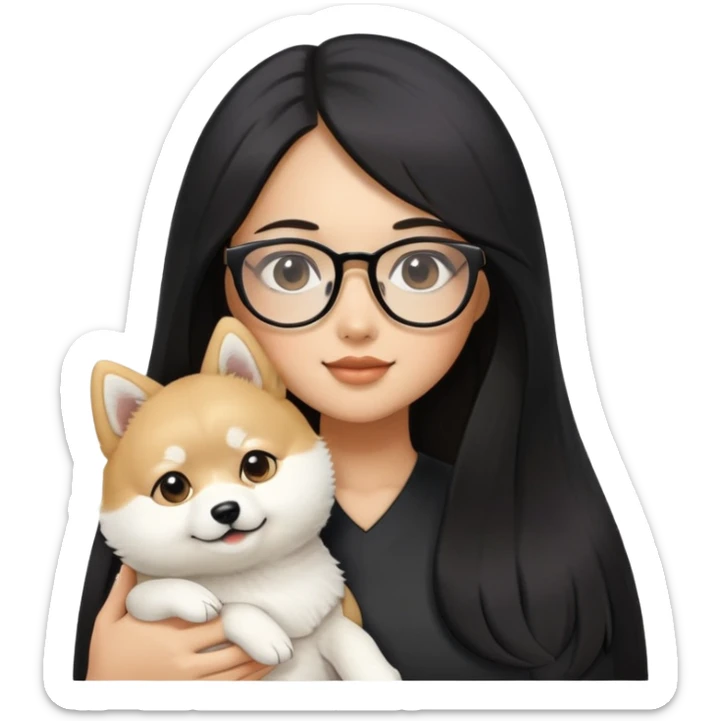 A beautiful girl with long black hair and glasses is holding a long-haired white Shiba Inu puppy sticker