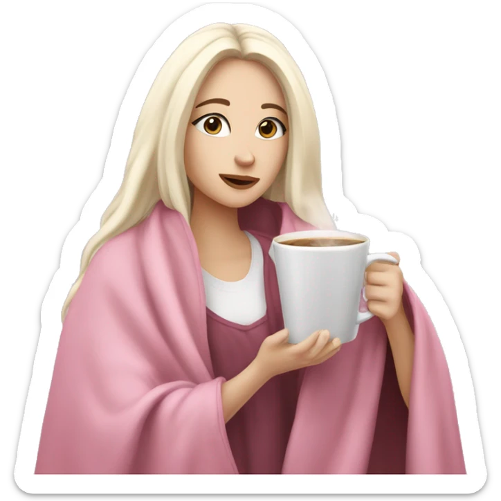 A pretty white girl with very long black hair  in a pink blanket sipping coffee sticker