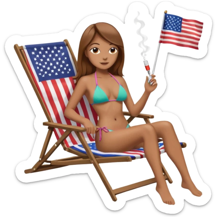 Woman with straight light brown hair in a bikini in a beach chair vaping with an american flag sticker