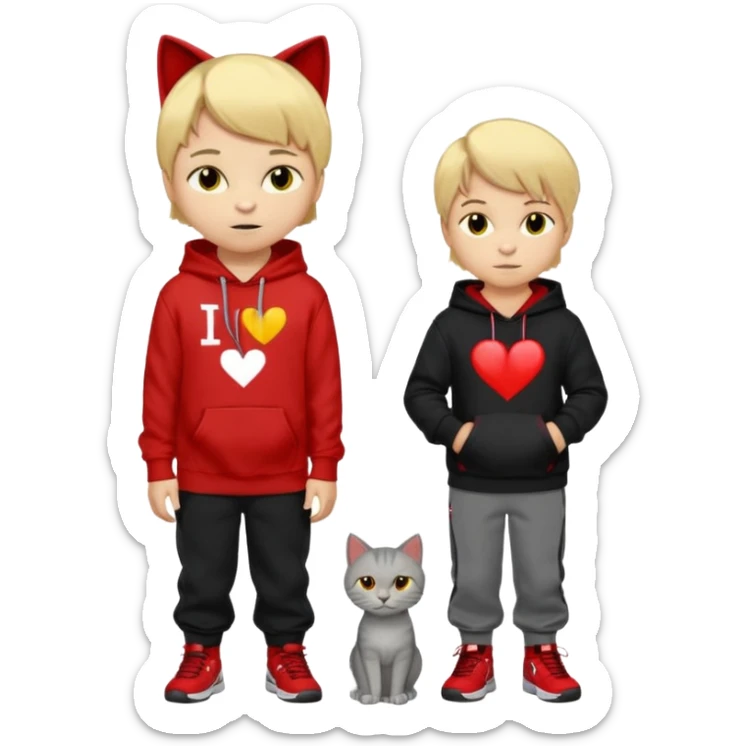 A 8 year old boy wearing a red and black hoodie say I heart cats he’s blond he has red Jordan’s and Hess wearing black pants he’s next to a gray cat with yellow eyes  sticker