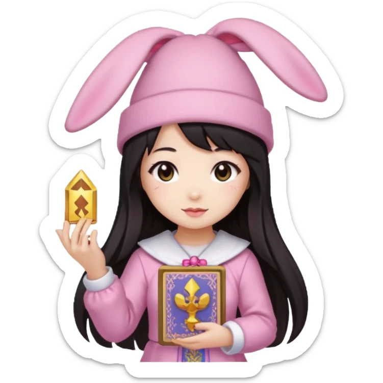 pixel art chibi asian girl with dark long hair in pink bunny hat magical girl with kawaii tarot cards thrown in air pixel emoji sticker